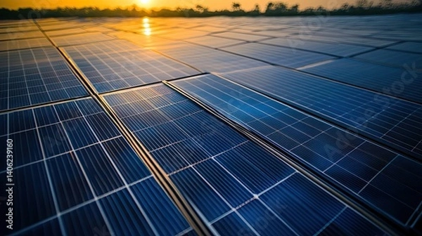 Fototapeta Aerial View of Solar Panel Array at Sunset with Golden Horizon