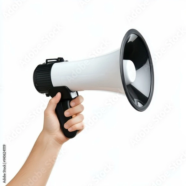Obraz A hand gripping a loud speaker megaphone, delivering a powerful message against a crisp white backdrop.
