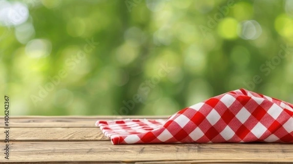 Fototapeta Rustic wooden picnic table with blurred green background, perfect for showcasing food and drink products. Summer vibes with a touch of elegance.
