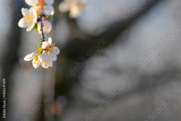 Fototapeta Flowers on almond trees. Blooming almond trees in almond orchard. Concept of blossoming trees in spring. The concept of agriculture and orcharding