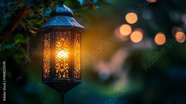Fototapeta Ornate Metal Lantern Glowing in the Night Garden