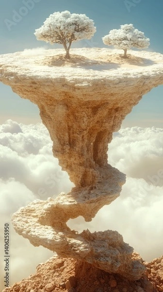 Fototapeta Floating island with trees atop, clouds below, geological formation