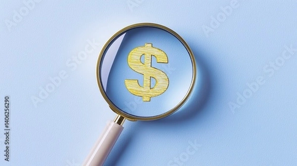 Fototapeta A magnifying glass emphasizing a large golden dollar sign against a light blue background