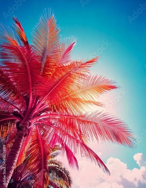 Fototapeta  Copy space pink tropical palm leaves tree on blue sky with colorful bokeh sun light abstract.