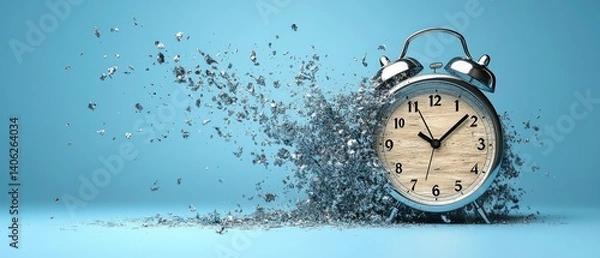 Fototapeta Alarm clock on light blue surface shattering into dust