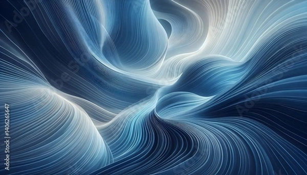 Fototapeta Blue abstract digital artwork with smooth wavy patterns and atmospheric gradient in a tranquil visual style