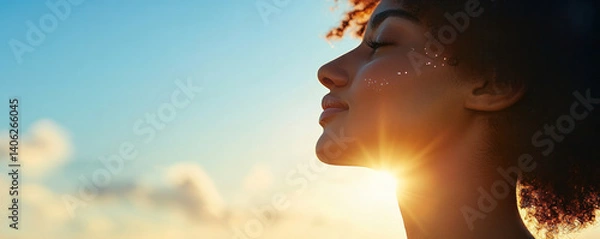 Fototapeta A woman with a sun on her face is smiling. The sun is shining brightly on her face, making her look happy and content