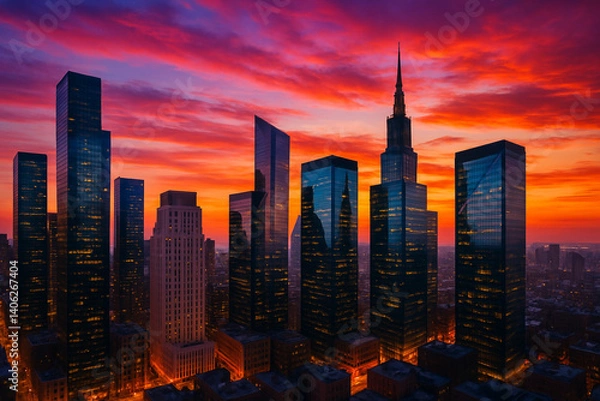 Fototapeta city at night view, sunset