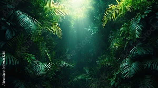 Fototapeta Lush jungle canopy basks in sunlight, creating an ethereal atmosphere in a vibrant, verdant vista