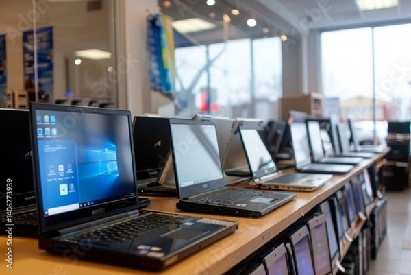 Obraz Laptops for sale on the counter in a computer store
