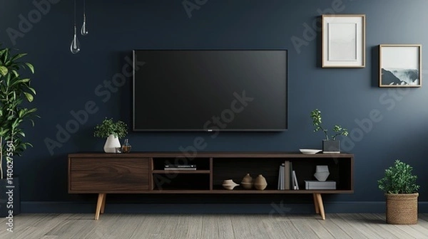Fototapeta Mockup of Cabinet for TV Wall Mounted with Decoration in Living Room and Dark Blue Wall. 3D Rendering.