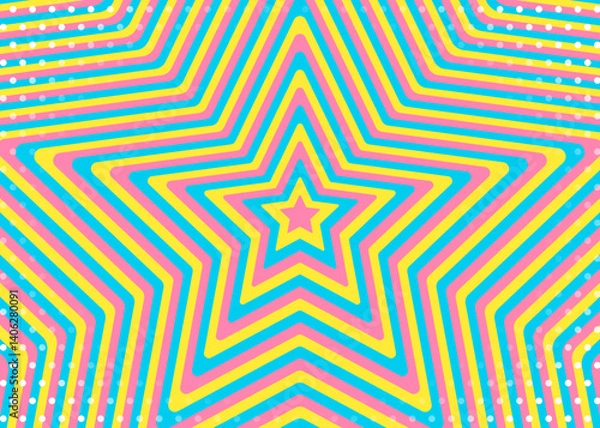 Fototapeta 同心状の星とドットのパターン背景、ポップなデザイン、装飾的な放射型図形