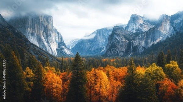 Obraz Autumn forest spreading across foothills of tall granite mountains with vivid colors