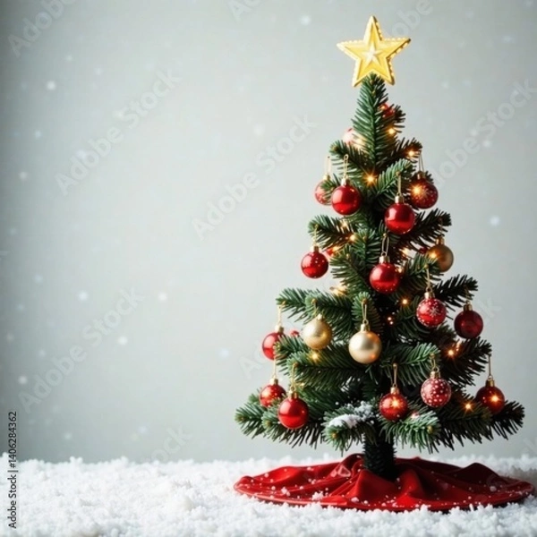 Fototapeta Christmas tree with festive ornaments and lights against a snowy white background , Christmas, holly, decor