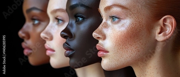 Fototapeta Four women of diverse ethnicities are displayed in profile against a black backdrop, showcasing beautiful features