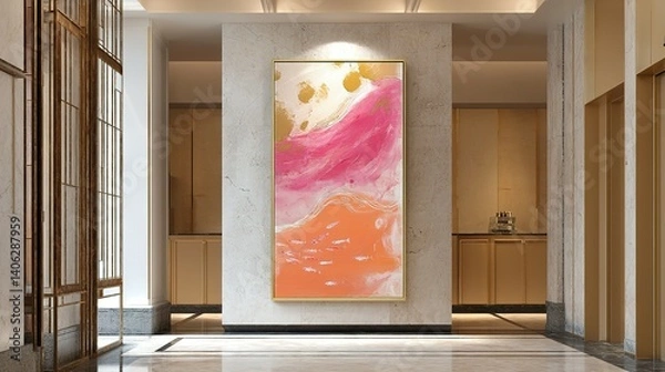Fototapeta Vertical abstract painting featuring soft pink and orange hues.