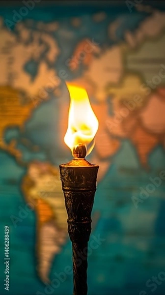 Fototapeta Burning Torch Against World Map