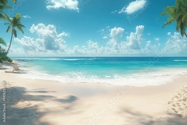 Fototapeta Turquoise ocean meets white sand. Palm trees frame a peaceful tropical paradise under bright sky
