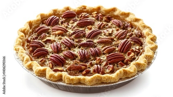 Fototapeta A delicious homemade pecan pie with a flaky crust and abundant pecans is ready to serve for Thanksgiving.