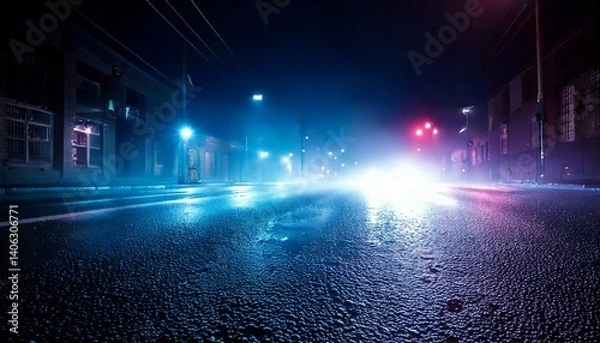 Fototapeta  Wet asphalt, reflection of neon lights, a searchlight, smoke. Abstract light in a dark empty.