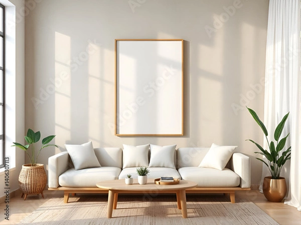 Fototapeta japandi living room mockup, minimalist scandinavian interior, empty frame, plaster walls, soft daylight, wood details, 3d render