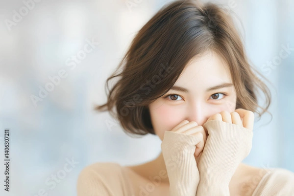 Obraz 照れ笑いが魅力的なショートヘアの女性