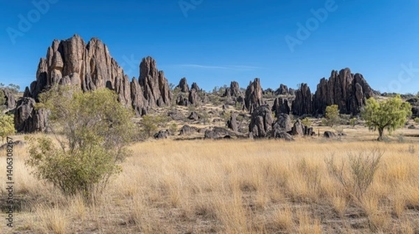 Fototapeta Sharp rock formations jutting out from mountainside with deep blue sky background