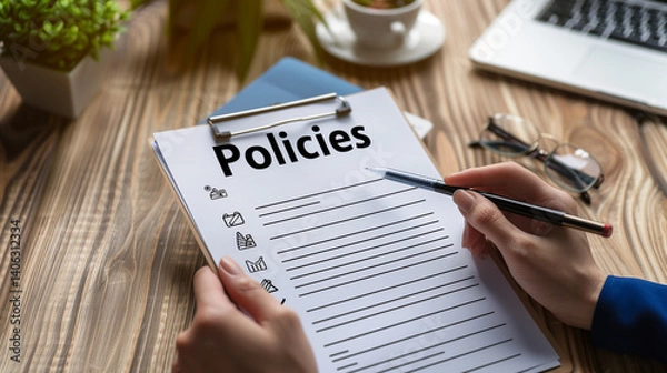 Fototapeta Policy documentation and compliance concept. A person reviews digital document labeled "Policies" with icons, checklists, certifications, and financial detail. policy management, regulatory compliance