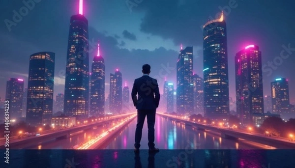 Fototapeta Businessman standing in front of a futuristic cityscape with towering skyscrapers and neon lights, architecture, advancement , network