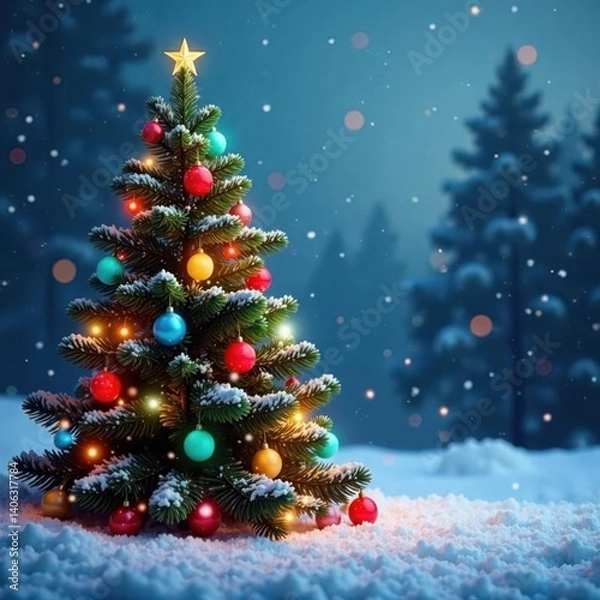 Fototapeta Snowy scene of a majestic evergreen tree surrounded by vibrant colored balls and subtle shimmering lights, Christmas tree, sparkling snow