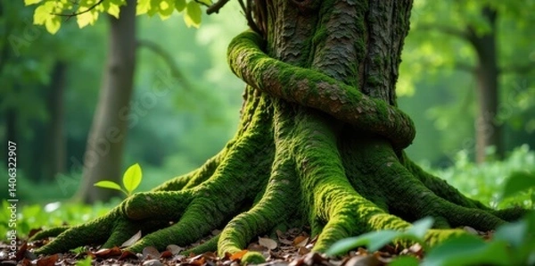 Fototapeta Moss covered tree trunk with twisted roots and vines, overgrown, moss