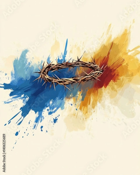 Fototapeta A painting of a cross with a crown of thorns on it. The painting is in blue, red, and yellow colors