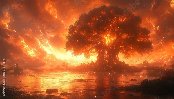 Obraz Fiery Tree, Sunset, Swamp