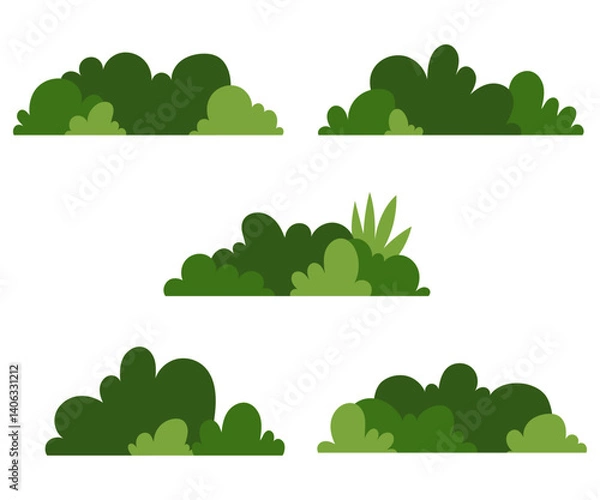 Fototapeta Set of green bush blossom with dense foliage flat design illustration