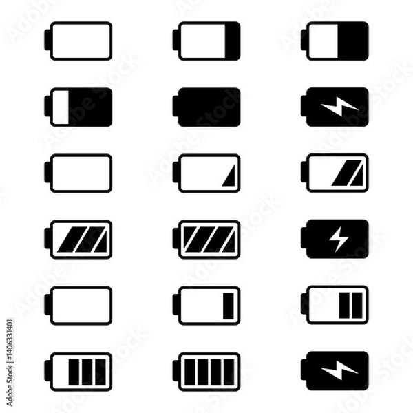 Fototapeta Set of phone battery load charge information level full energy black graphic icons ui