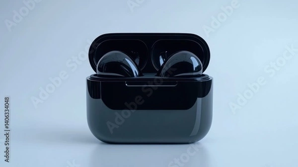 Fototapeta A pair of wireless earbuds in their charging case, showcasing modern audio technology.