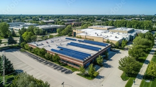 Fototapeta Aerial View of a Commercial Building with Solar Panels
