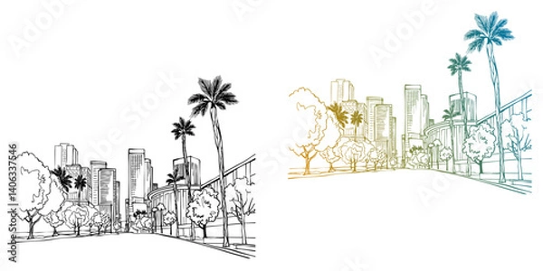 Obraz Nice view of modern Los Angeles. California. USA. Hand drawn Urban sketch. Vector illustration. Urban landscape. Postcard style.