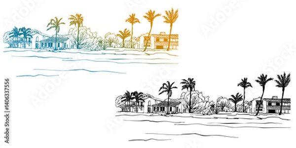 Obraz Nice view of Florida landscape. USA. Ocean beach and palm trees. Two Hand drawn sketches. 