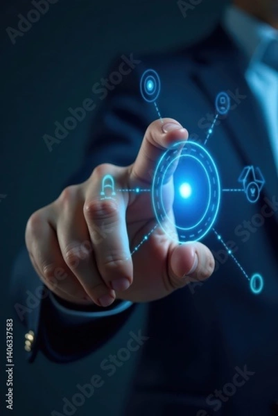 Fototapeta Close-up of businessman's hand on a futuristic virtual button with glowing blue light, virtual reality, technology, interface