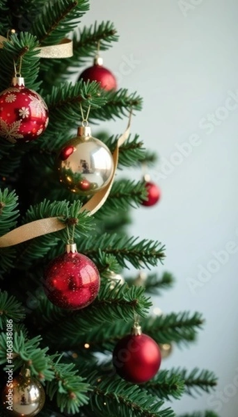 Obraz Decorated evergreen Christmas tree with glass balls and ribbons , festive, garland