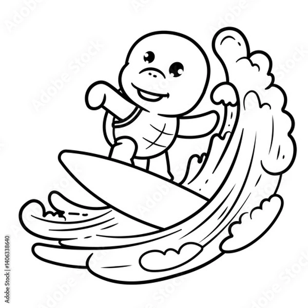 Obraz Outline Turtle Surfing in Beach cartoon character kawaii sticker doodle collection, turtle outline coloring page or book animals for kindergarten, Vector line art set of animals wildlife.