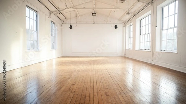 Fototapeta Empty Room with Large Windows and Wooden Floors