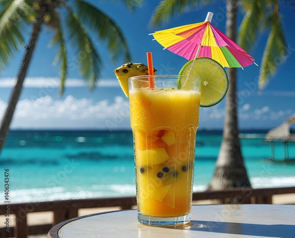 Obraz Tropical cocktail drink on a sunny beach with ocean view and summer vibes