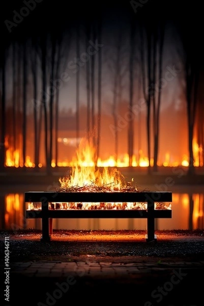 Obraz Fire Pit Bench at Night