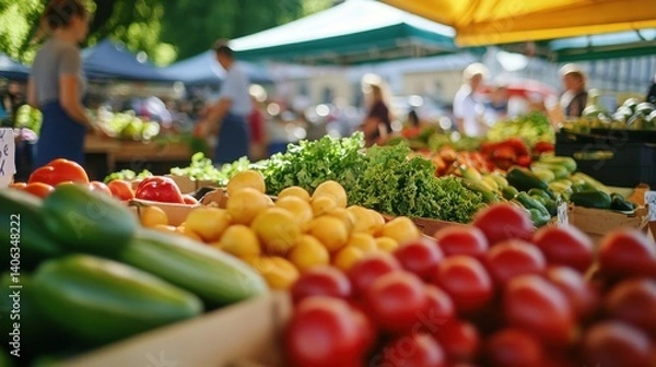 Obraz Fresh produce at market with people browsing and colorful baskets