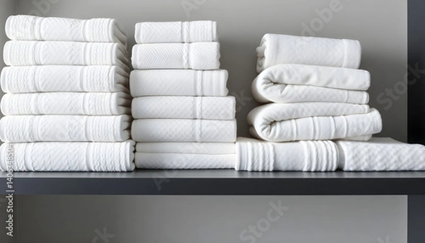 Fototapeta stack of folded white towels on a shelf