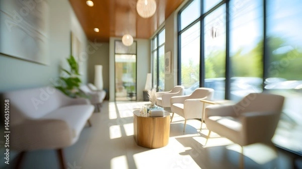 Fototapeta Blurred wellness spa waiting area with soft seating, essential oils, and soft natural light