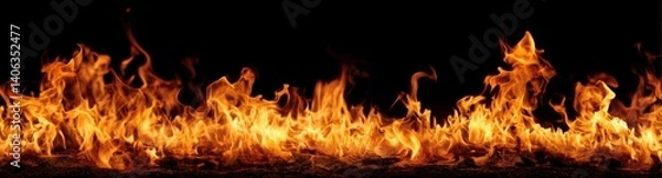 Fototapeta A fiery inferno of blazing flames dances in the darkness. The intensity of the heat and the glow of the flames create a mesmerizing and powerful image.