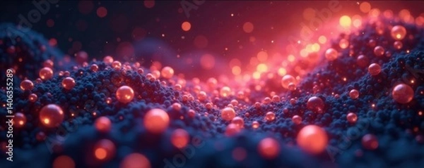 Fototapeta Swarm of tiny, glowing orbs suspended in mid-air amidst a mesh of shimmering, iridescent particles , space, universe, abstract